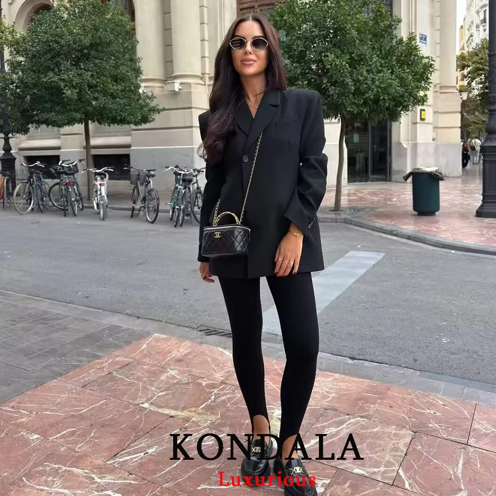 KONDALA مكتب سيدة شيك سترة سوداء المرأة الخامس الرقبة أزرار واحدة كم طويل جاكيتات موضة 2025 خمر المرأة الأنيقة السترة