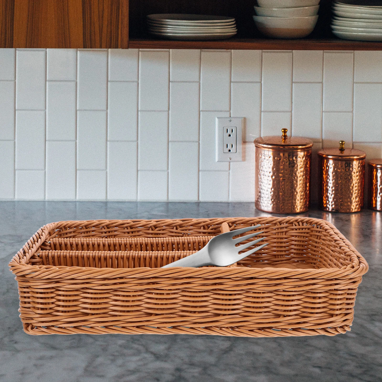 

Imitation Woven Mesh Cutlery Storage Basket 4 Compartments Kitchen Fork Spoon Organizer Rattan Tray Washable