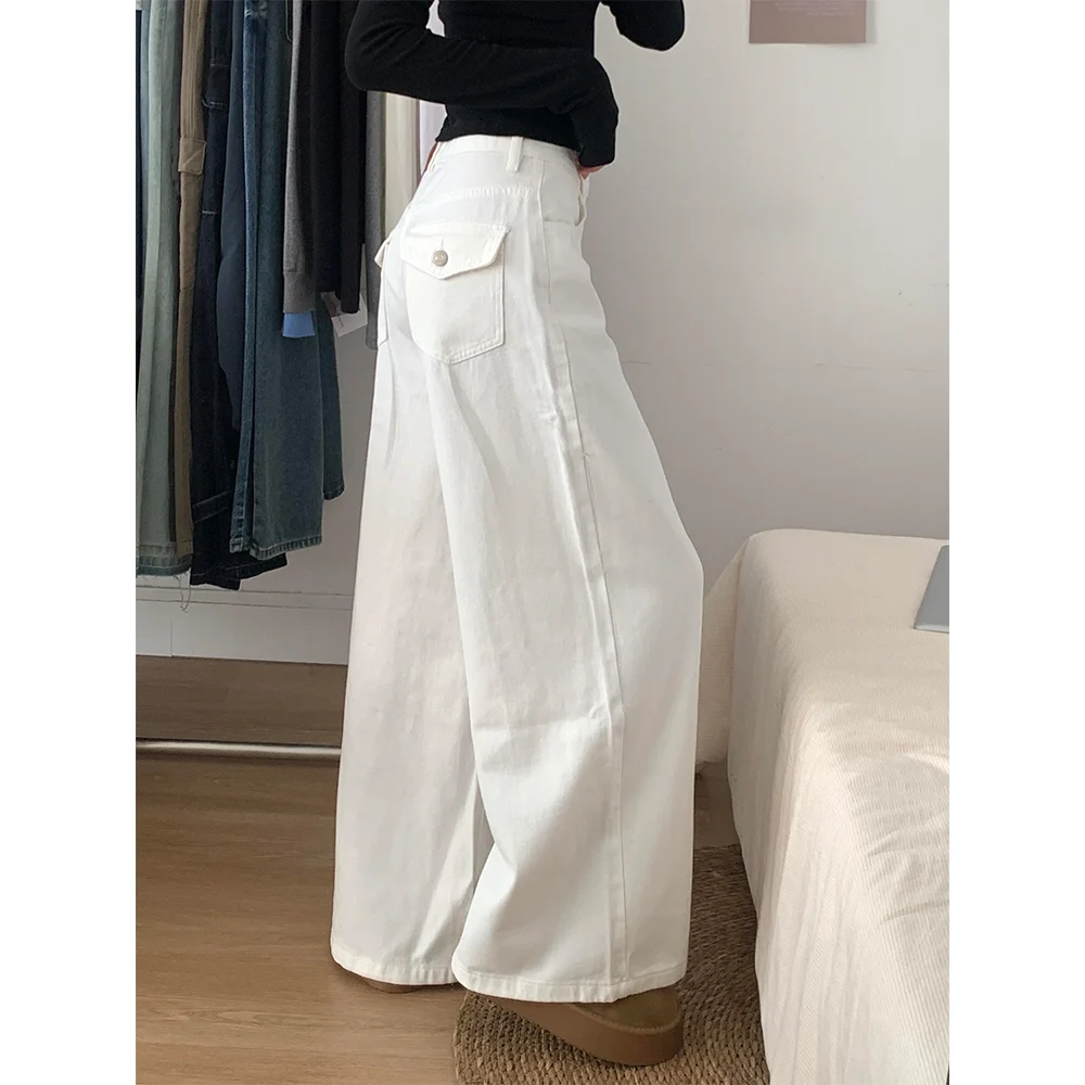 جينز أبيض واسع الساق للنساء عالي الخصر فضفاض مستقيم طويل السراويل الخريف جديد Sle التخسيس كسول Sle ثنى الطابق طول