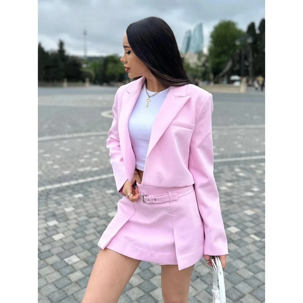 2024 Office Lady Solid Blazer Gonna Abito Moda Manica lunga Giacca corta + Mini gonne con cerniera con cintura Abito casual da donna