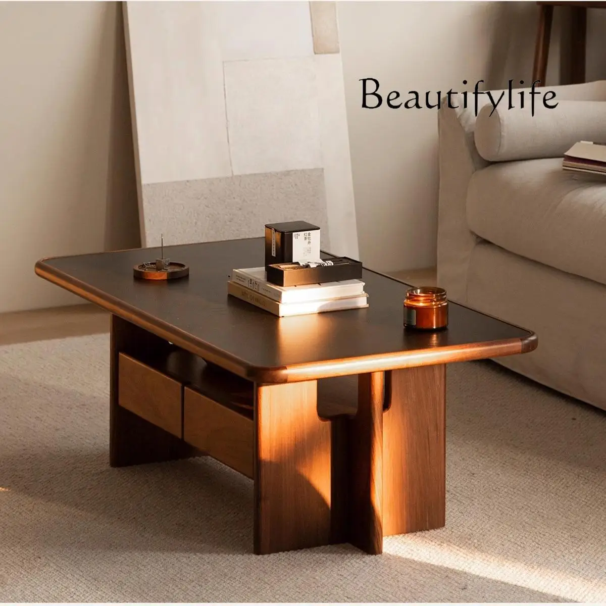 

Black walnut coffee table living room household small apartment solid wood rock slab coffee table simple storage designer