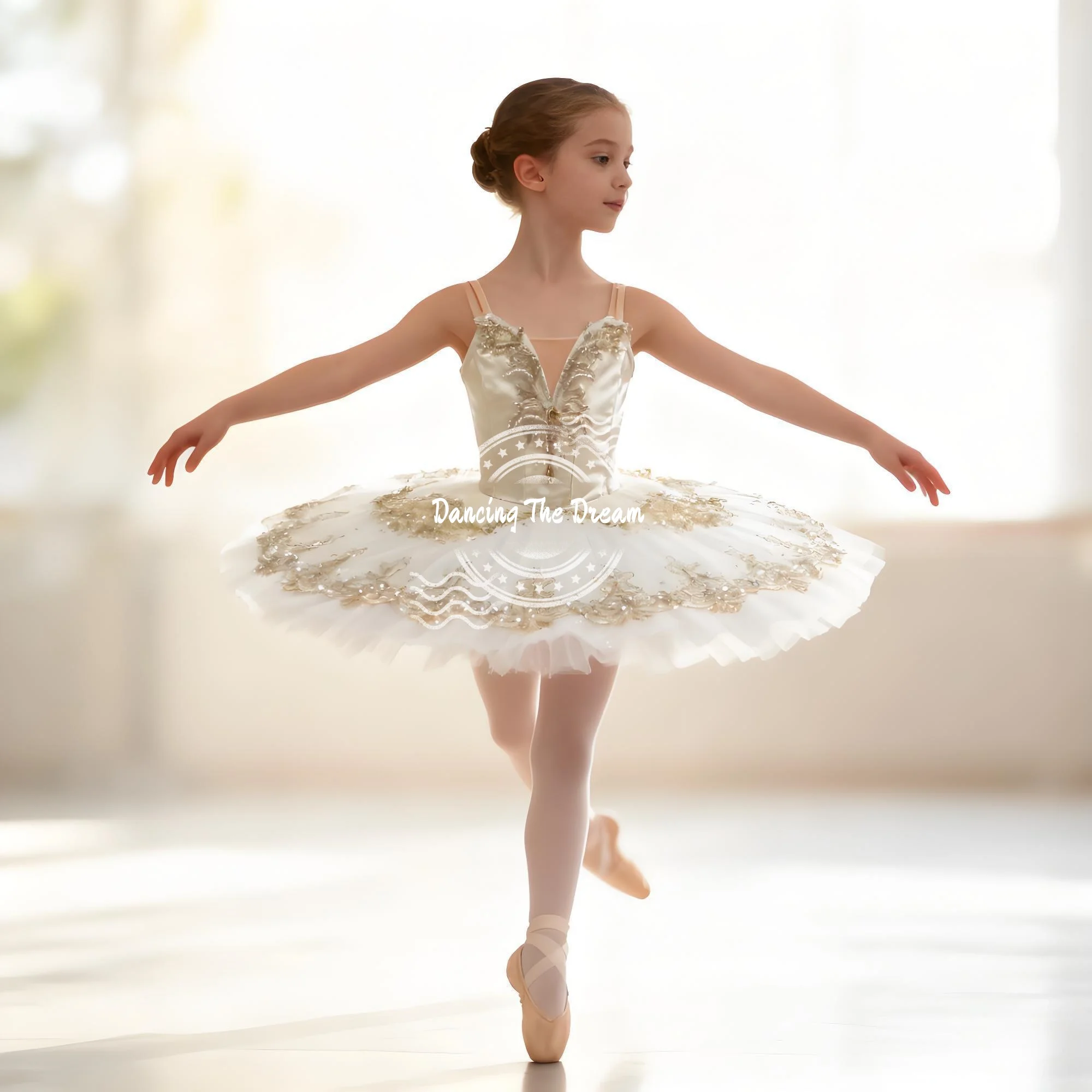 Gaun Pertunjukan Balet Mewah Anak-anak Putih Emas Kostum Tari Elegan untuk Anak Perempuan