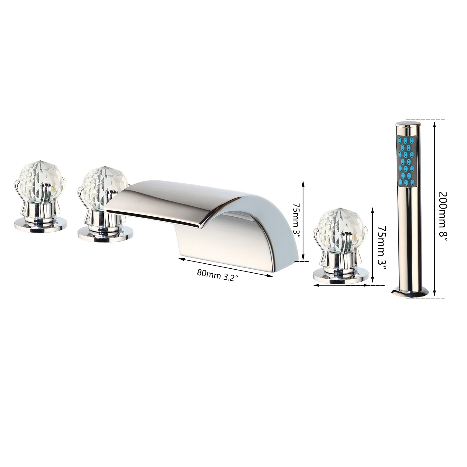Monite Solid Brass Bathtub Faucet Waterfall Spout Deck Mounted Diamond Handles Chrome Polish Bathroom Bathtub Mixer Faucet