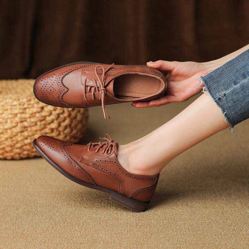 2023 Women Oxfords Spring/Autumn Shoes for Woman Genuine Leather Brogues Retro Lace up Loafers casual Handmade Black Girls shoes