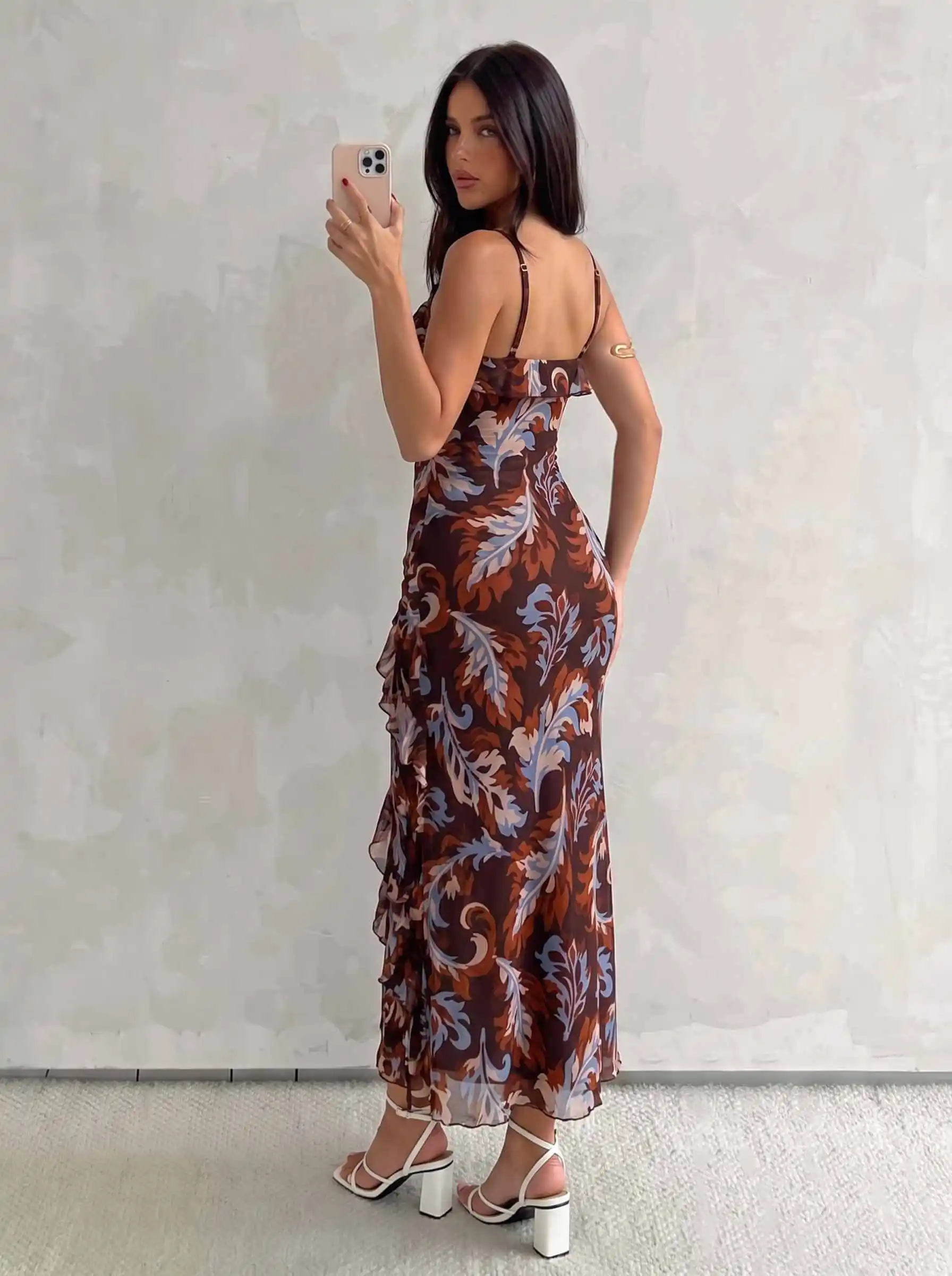 Damen Aquarell-Rosen-Print Cami-Kleid mit Rüschen, Chiffon-Midikleid, Spaghettiträger, fließendes Kleid für Urlaub, Strandparty, Ferien – Detail 28