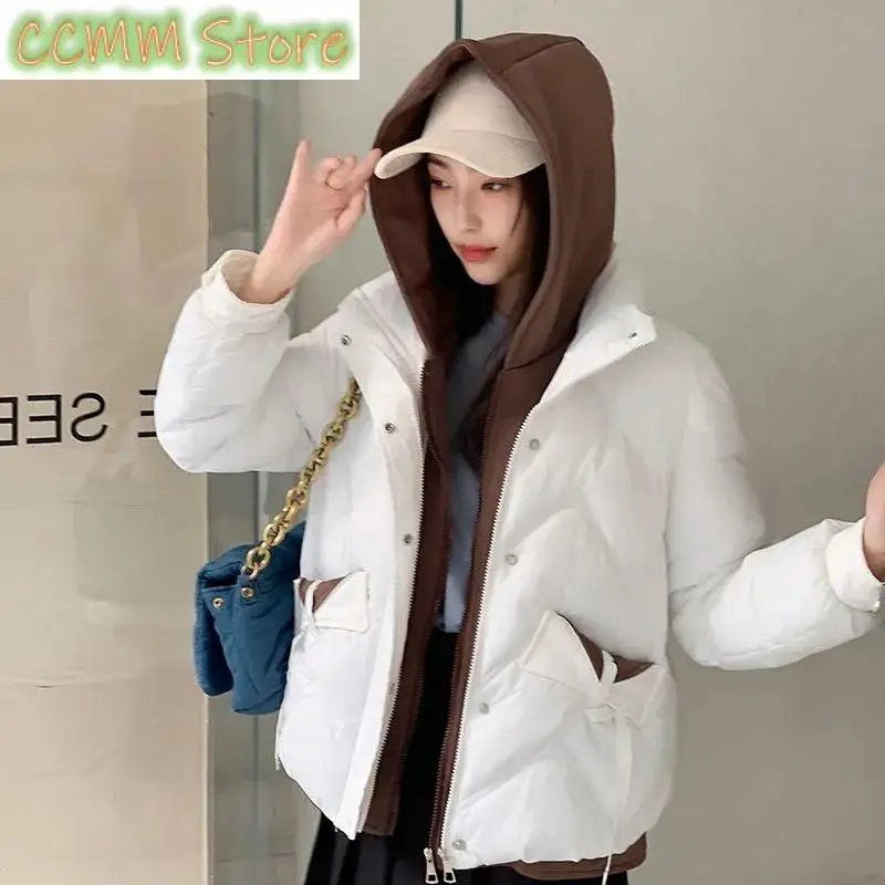 New Winter Fashion Parkas Fake two items Short Coats Women's Down Cotton Jacket Thick Hooded Tops Female Casual Outwear