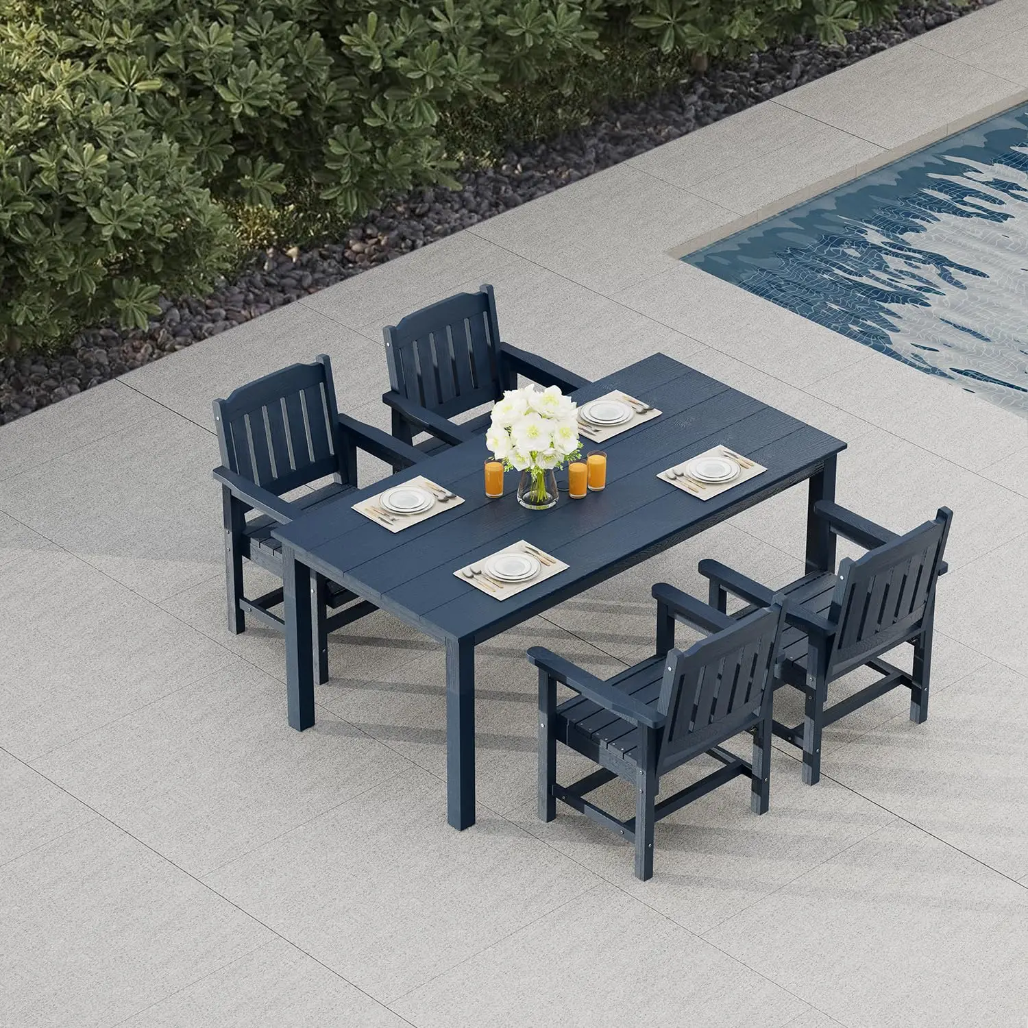 

HIPS Patio Dining Set 70.9in Table Slat Back Chairs Umbrella Hole Weather Resistant 5pc Navy,Customized