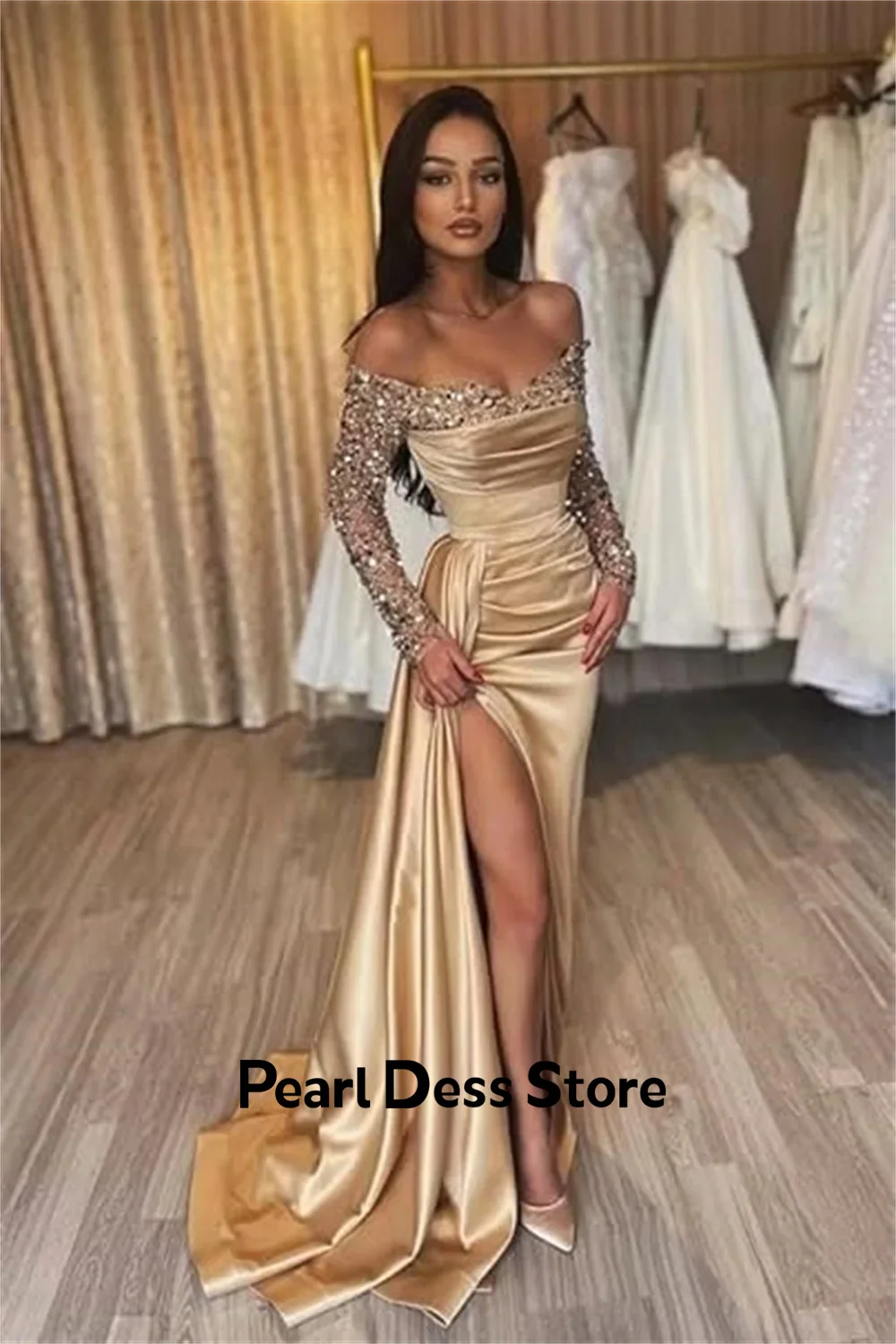 2024 Women's strapless pleated evening gown with shiny satin side slit evening gown image 5