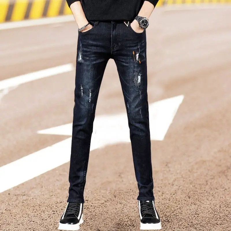 جينز رجالي كوري مغسول من الجينز ، سراويل غير رسمية ، قصة ضيقة ، أزياء فاخرة ، علامة تجارية لصديق الحبيب ، الربيع والخريف #3