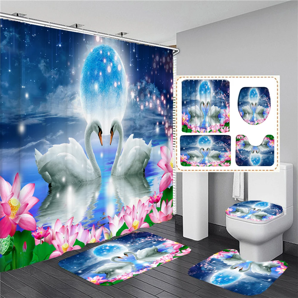 3D Flowers and Birds Print Shower Curtain Set Moonlight Swan Bathroom Mat Toilet Cover Rug Waterproof Fabric Bathtub Curtains