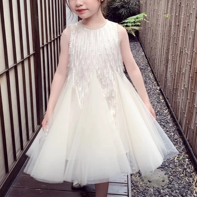 

New Summer Girls Dress Trendy Kids Sequin Mesh Sparkly Princess Puffy Sleeveless Cute Toddler Party Gown