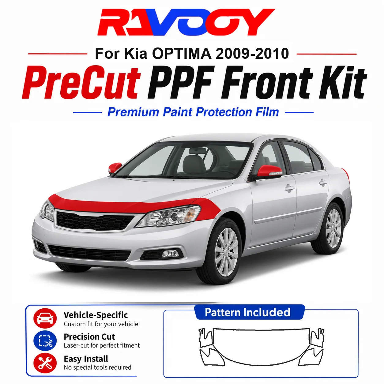 

8.5mil TPU Precut PPF Kit For Kia OPTIMA 2009-2010 - Hood, Partial Fenders & Full Mirror Set - Self-Healing Gloss Clear Bra Film