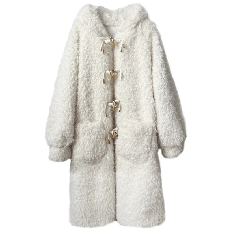 

Winter lamb fur hooded jacket women's plus long loose plush clothes European and American style horn buckle coat