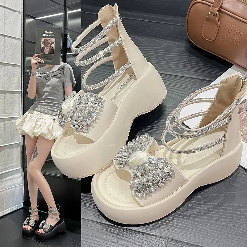 

Bag with Open-toe and Zipper Water Droplet Sequined Bow Waterproof Platform Versatile Comfortable and Anti-slip Women's Sandals