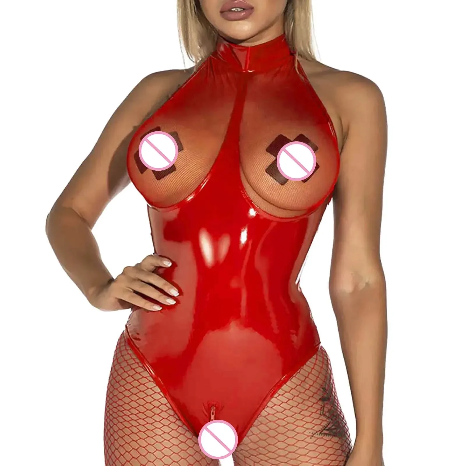 Plus Size 5XL Mesh Leather Bodysuits Women Sexy Lingerie Crotchless Teddy Latex Body Femme Fetish Open Crotch Bodysuit Underwear