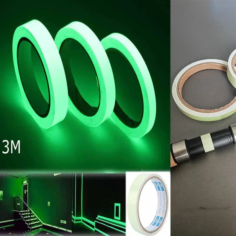 شريط فلوري عاكس مضيء ، ملصق مانع للانزلاق ، أخضر ، تخزين إضاءة أرضية ، إطار دراجة درج ، 3 أمتار