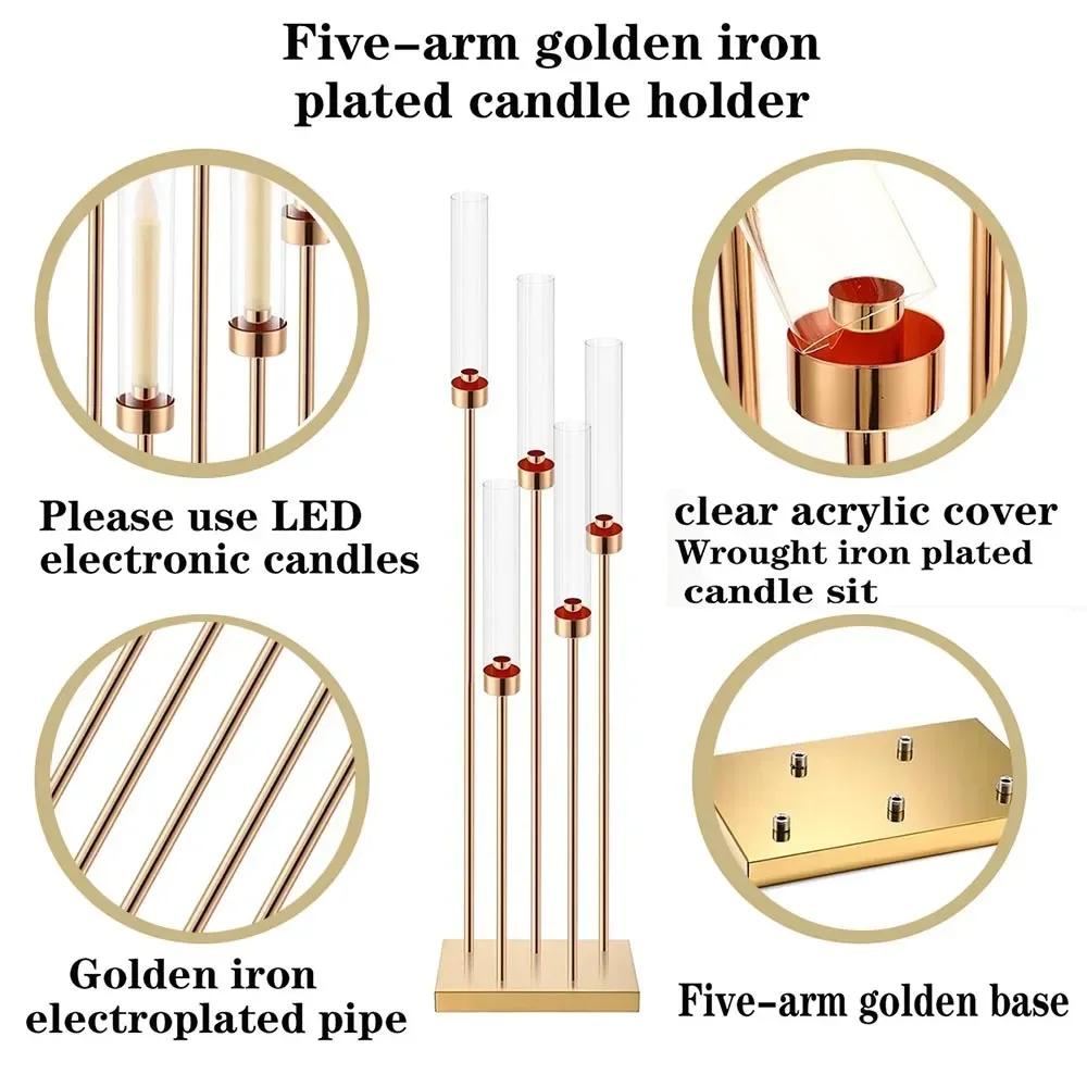 1pcs/lot Gold Floor Candelabra Centerpieces 42.5'' Tall Metal Candle Holders 5 Arms Candlestick With acrylic cover