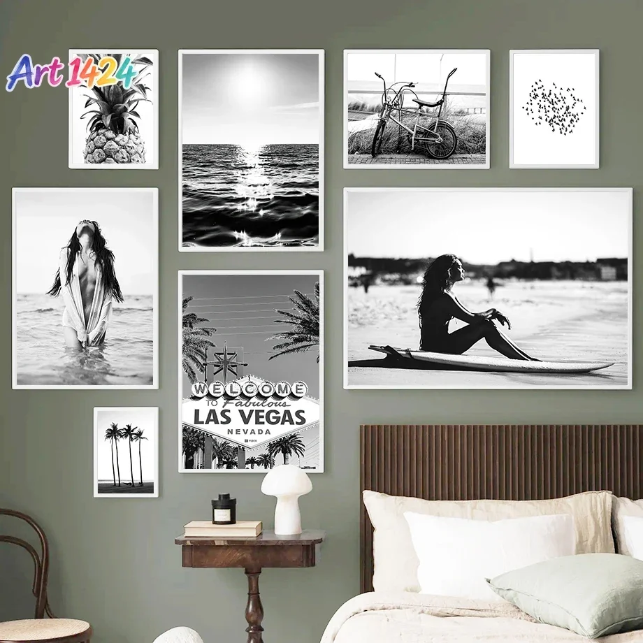 Black and White Wall Art Seascape Canvas Print Poster Beach Girl Surfboard Painting Landscape Tropical Palm Pictures Home Dec