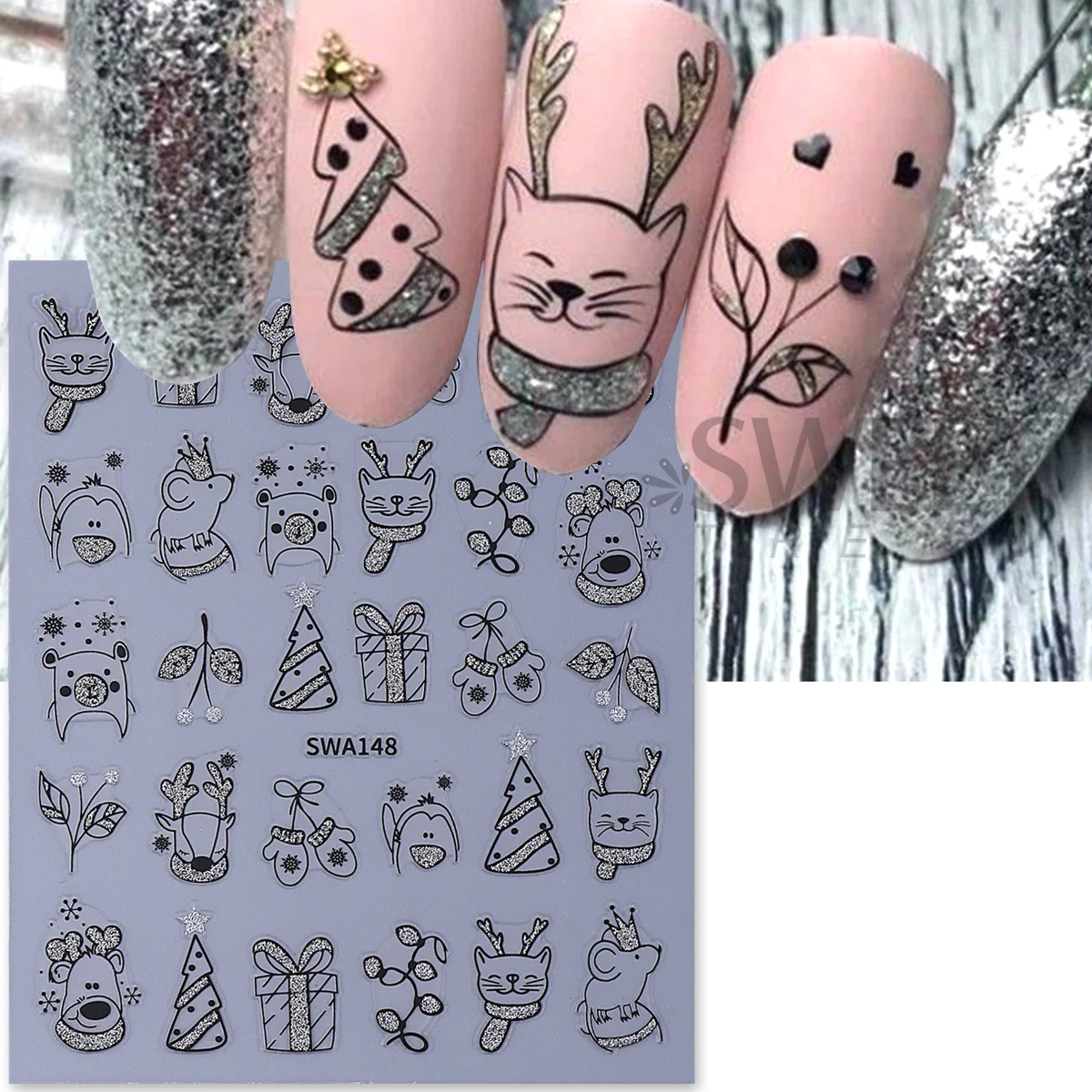2枚セット 輝く漫画クリスマスネイルアートステッカー キラキ - Nail Art Xmas Simple のレビューと価格