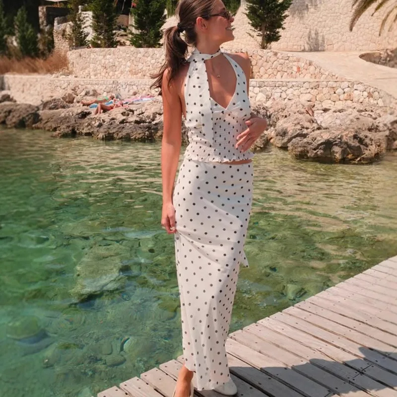 

Tuularose Vintage Polka Dot Dress Sets Fashion V Neck Lace-up Top Printed Slim Skirt Set Casual Women Summer Vacation Dress Sets