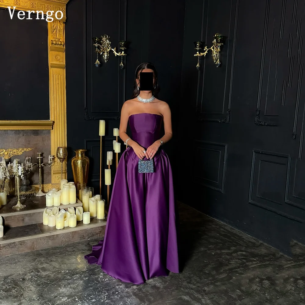 

Verngo Purple Satin Evening Dress Strapless A Line Simple Prom Gown Arabic Classy Eid Formal Dresses Customized