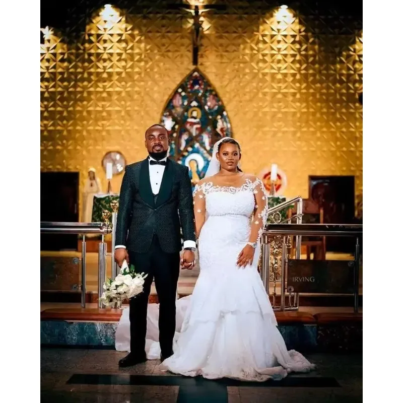 تخصيص شير جوهرة الرقبة حجم كبير حورية البحر مطرز كريستال 2025 فستان الزفاف الدانتيل الأفريقي زين كم طويل فستان زفاف