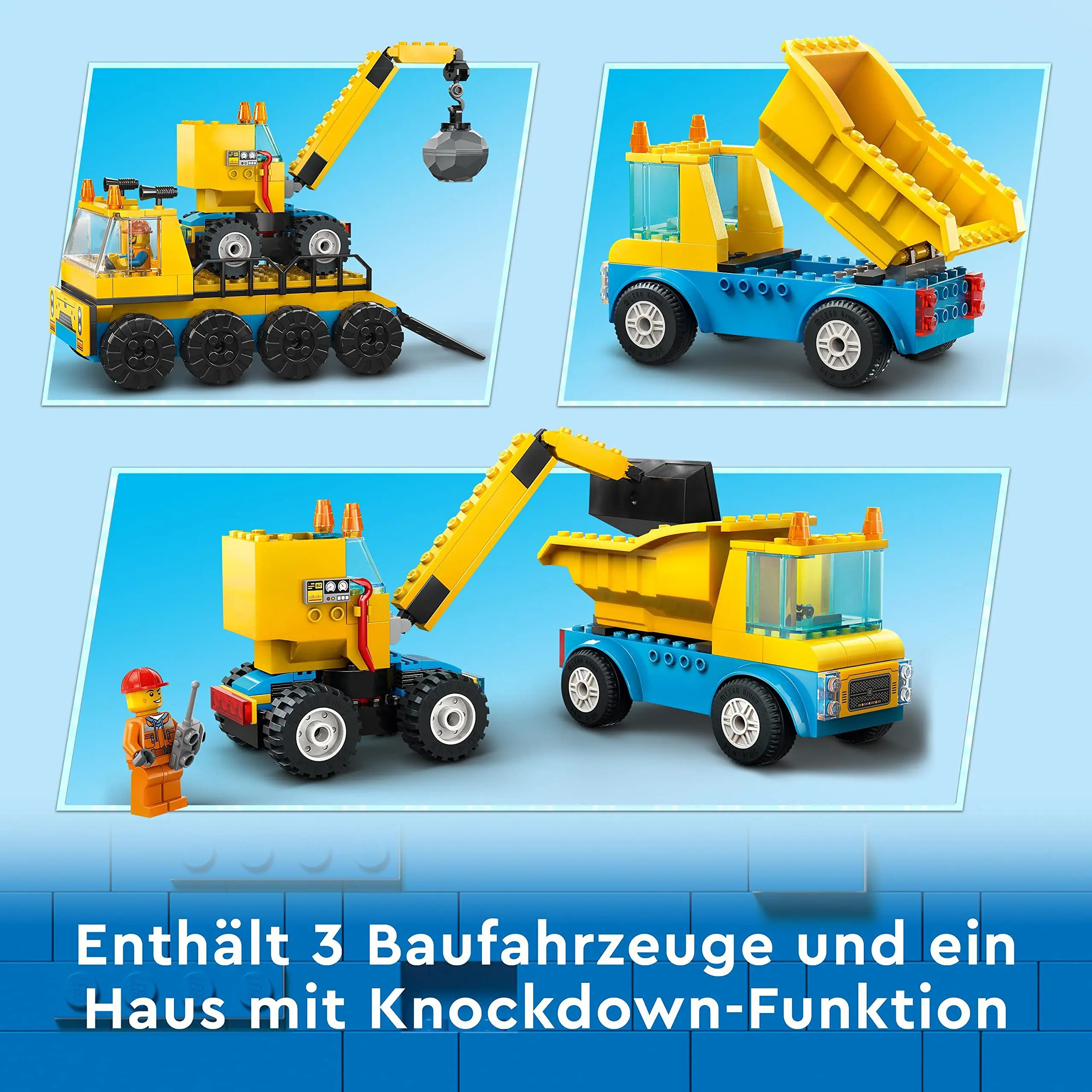 LEGO 60391 City Construction Trucks and Wrecking Ball Crane with Demolition Bulb Toy Excavator Dumper Transport Vehicles