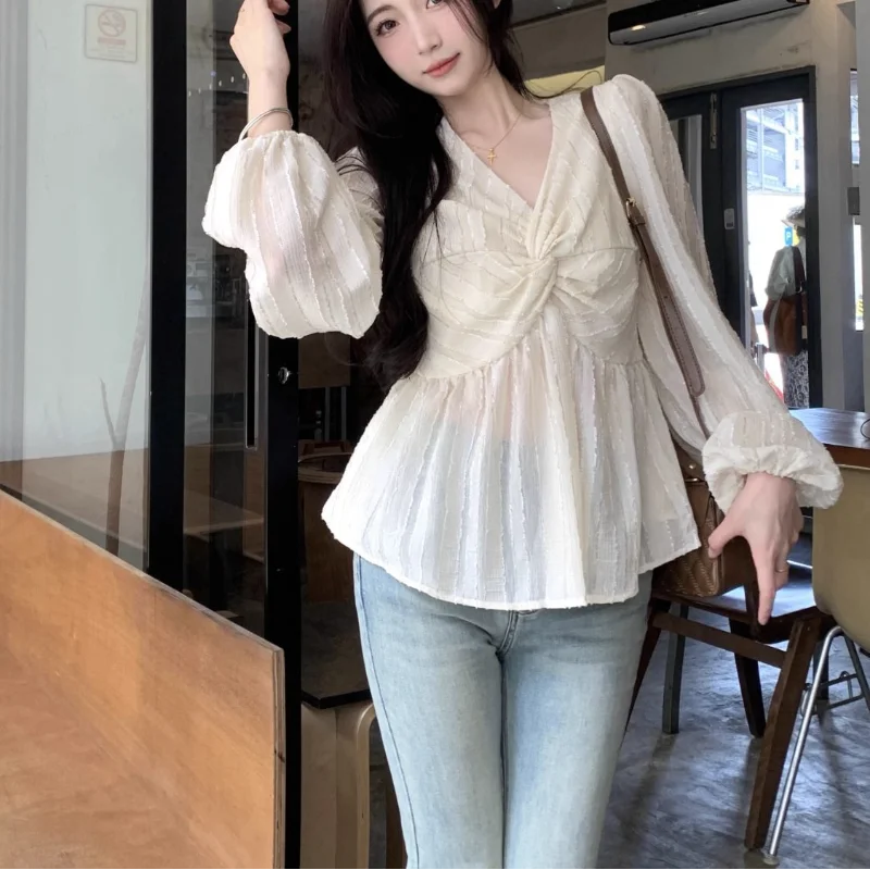 Autumn 2023 New V-neck Slim Long Sleeve Basic Casual Solid Wild Office Lady Pullover Chiffon Shirt Women\'s Clothing Y2k T-shirt