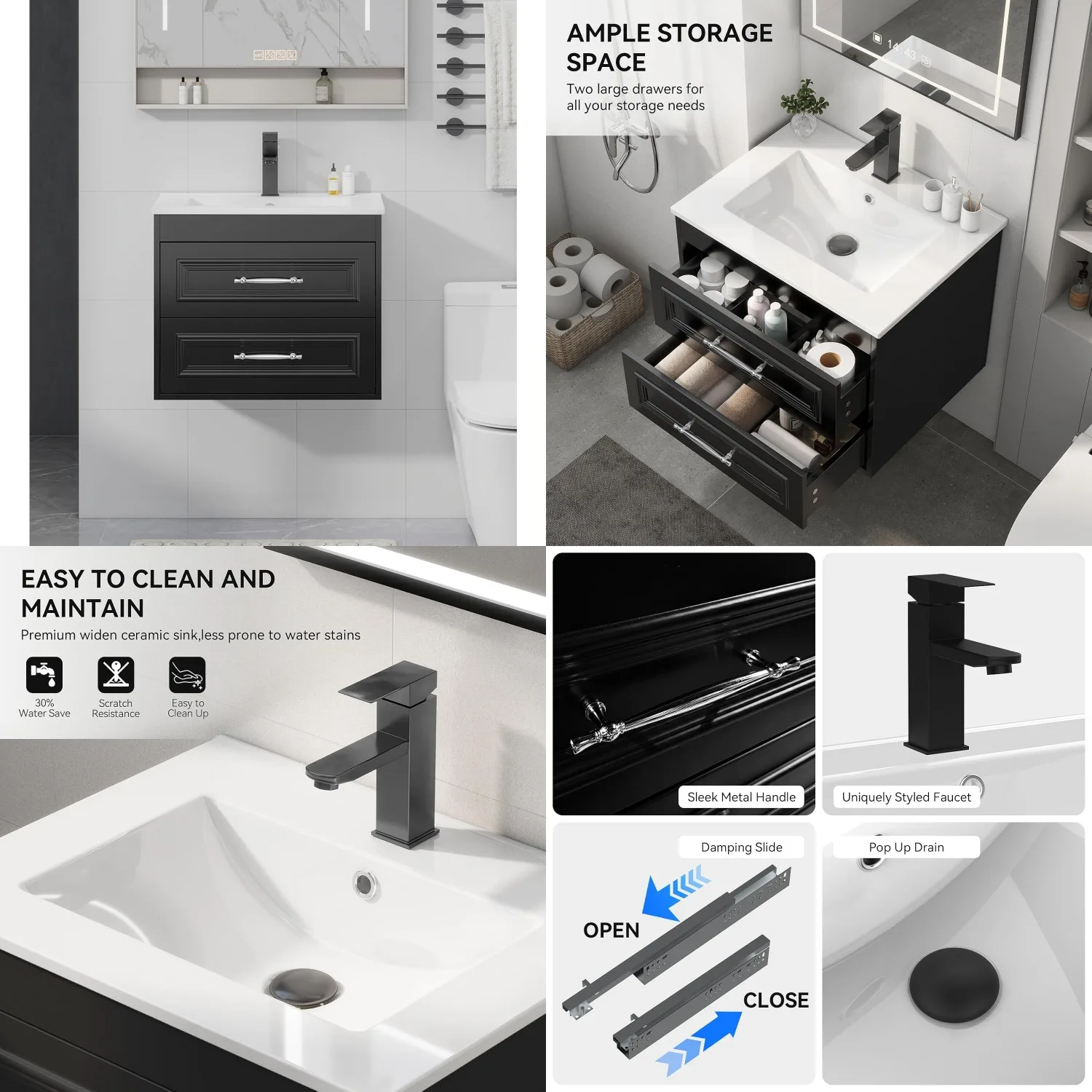 

24" Wall Mounted Bathroom Vanity with Ceramic Sink Soft Closing Drawers Black, Customized