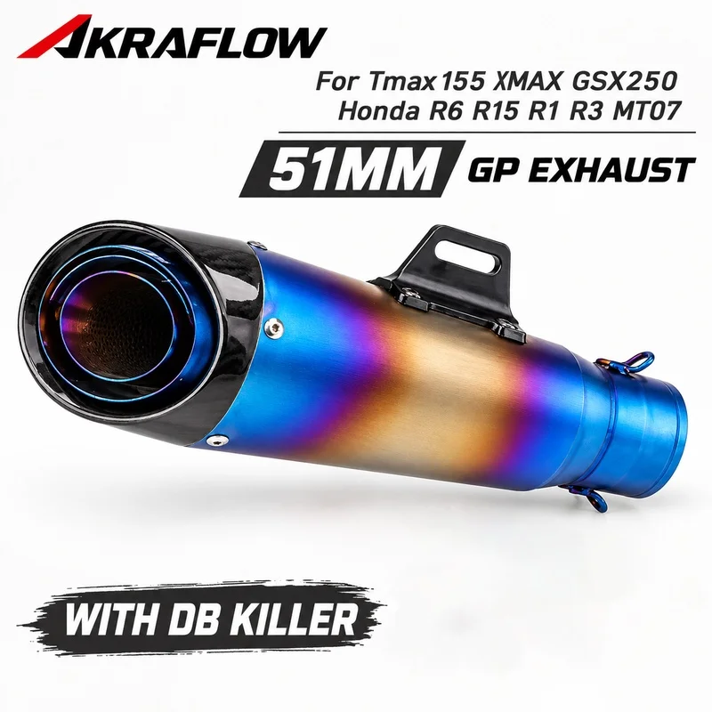 51MM GP Motorcycle Exhaust Pipe with DB Killer Noise Reducer for TMAX155 XMAX GSX250 R6 R15 R1 R3 MT07 Modified Accessory