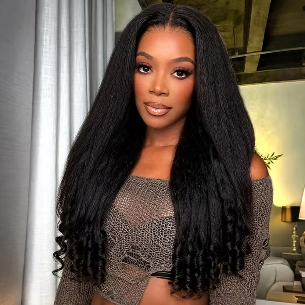 Afro Kinky Straight Burmese Curly Wigs 13X4 HD Lace Front Wig With Spiral Curly End Natural Black 22Inch Synthetic Hair