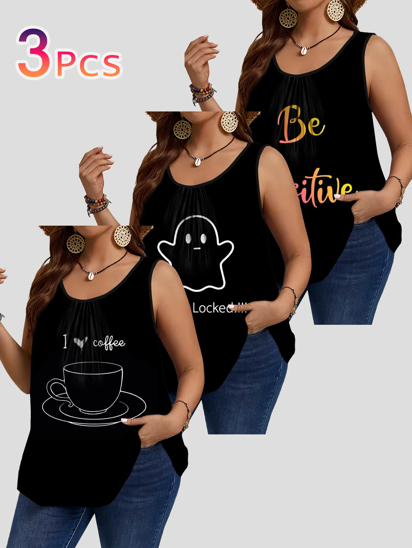 3-Piece Set of Plus-Size Women's Clothing: Simple Letter Coffee Ghost Print Tank Top, Round Neck Ruched Loose Sleeveless Top