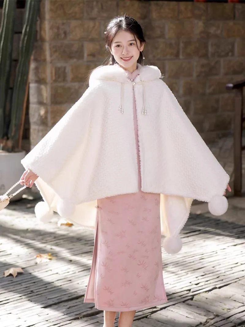 Fairytale Style Fur Balls Soft Velvet Cape Hooded Coat Cheongsam Wedding Dress Cloak Shawl Women Winter Thicken Warm Outerwear