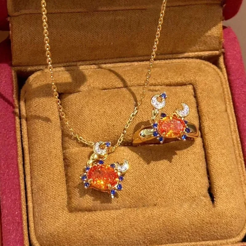 Anillos de cangrejo de piedras preciosas naranjas finas y creativas Vintage para mujer, collar nuevo en lindo arte ligero, conjuntos de joyería de lujo, regalo