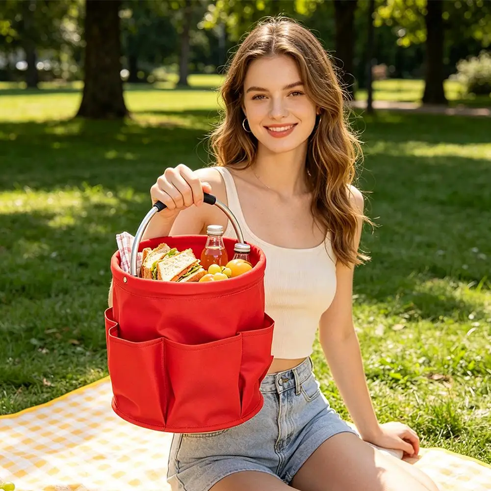 Large Capacity Multi Pocket Tool Bucket With Handle Foldable Outdoor Beach Storage Basket Portable Gardening Supply Organizer