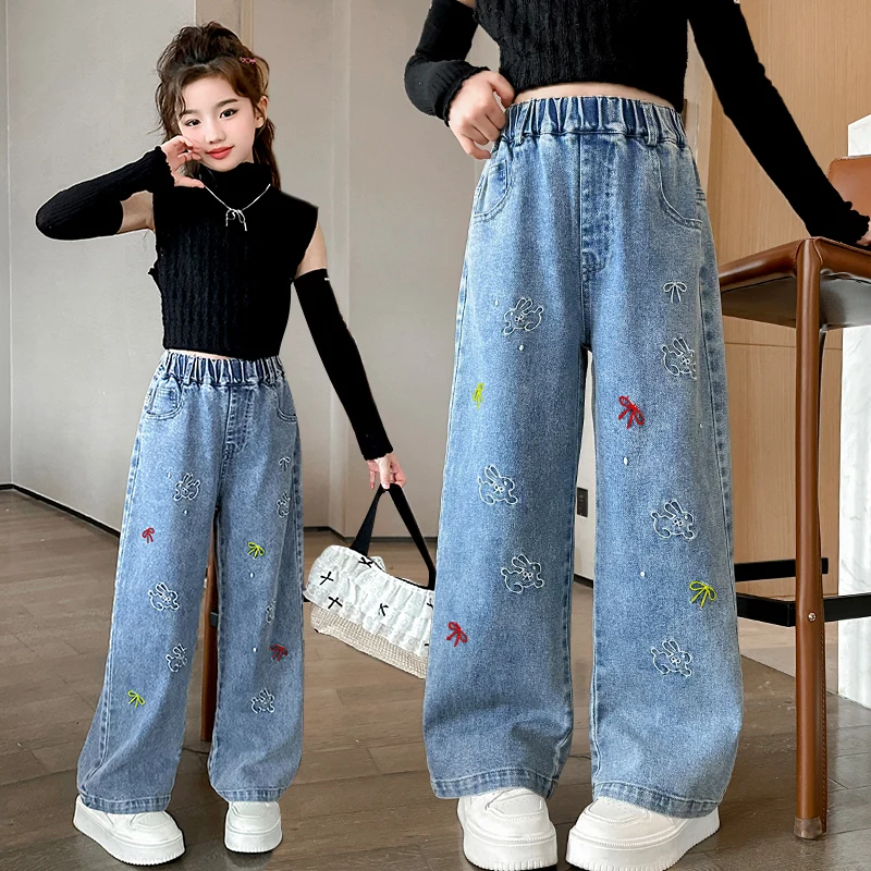 

Spring Autumn Style Children New Jeans with Rabbit Embroidery For Girls Loose Straight Denim Pants with Bows Kids Casual Jeans