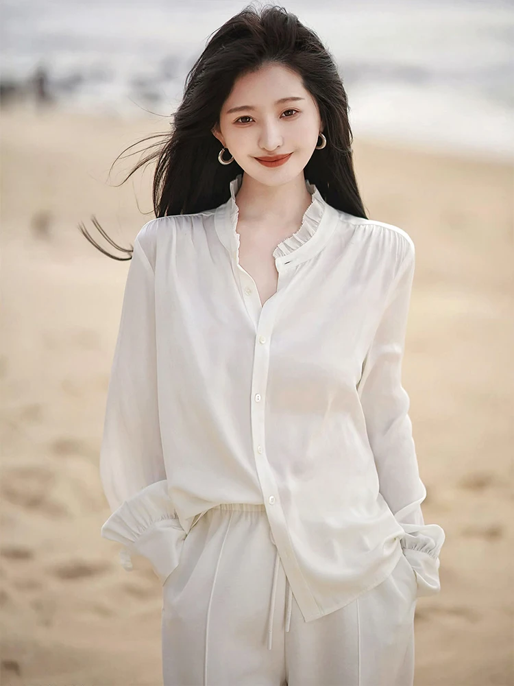 

Шелковая женская рубашка с белым кружевным воротником, для ношения под одеждой, ранняя осень-весна, прямой крой, длинный рукав, деловой повседневный стиль, приталенная, корейский стиль