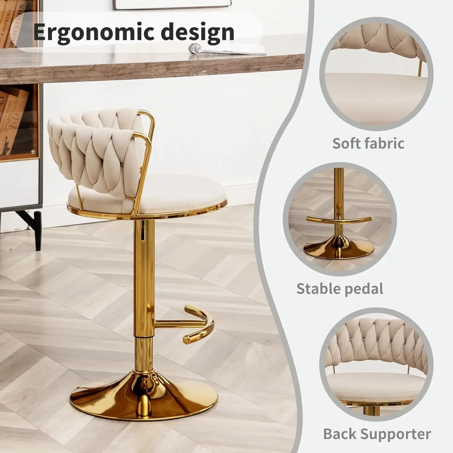 Gold Bar Stools Set of 4, Counter Height Bar Stools with Low Back, Velvet Adjustable Height Barstools, 360° Swivel Bar Stools