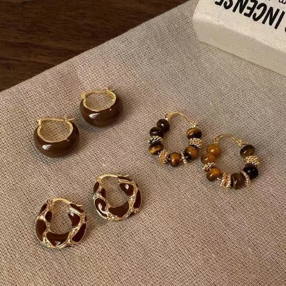 Enamel Color U-shaped Earring Vintage Dripping Oil Metal Texture Ear Buckles Round Geometric Simple Hoop Hoop Earrings