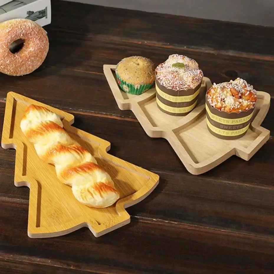 Wooden Christmas Tree Snack Tray Multi Compartment Candy Dried Fruit Serving Plate Desktop Holiday Home Storage Organizer