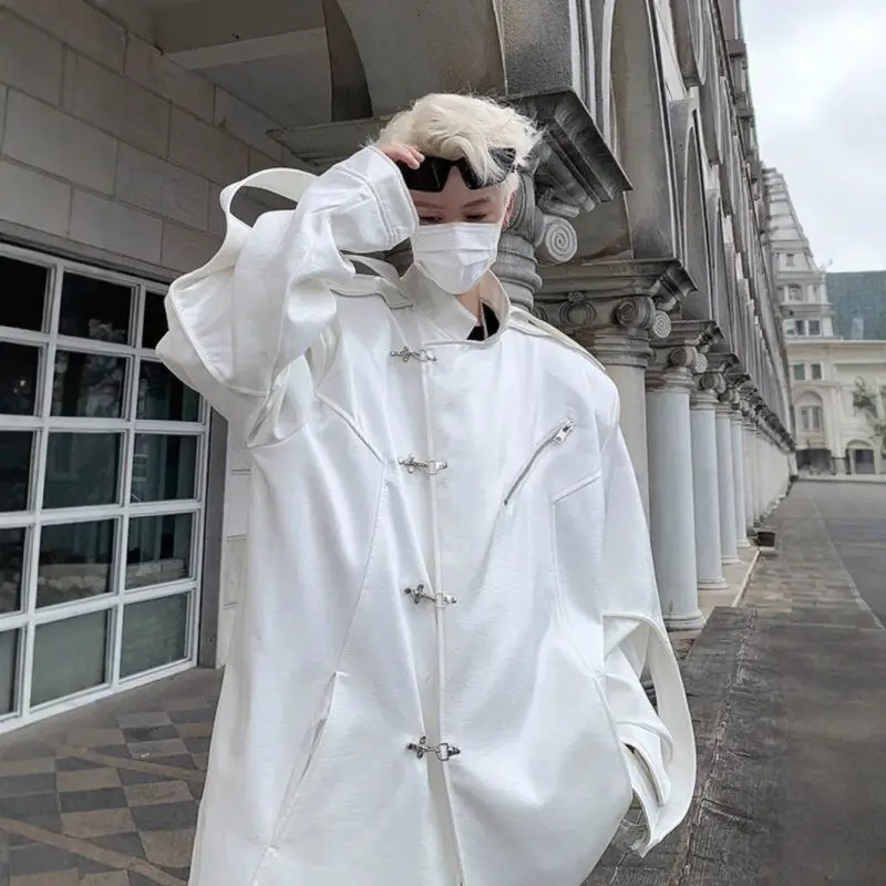 

Street Sle American New Vintage Jaet Металлические накладки на плечи Белая уличная одежда Свободный крой Длинное пальто из полиэфирного волокна Све