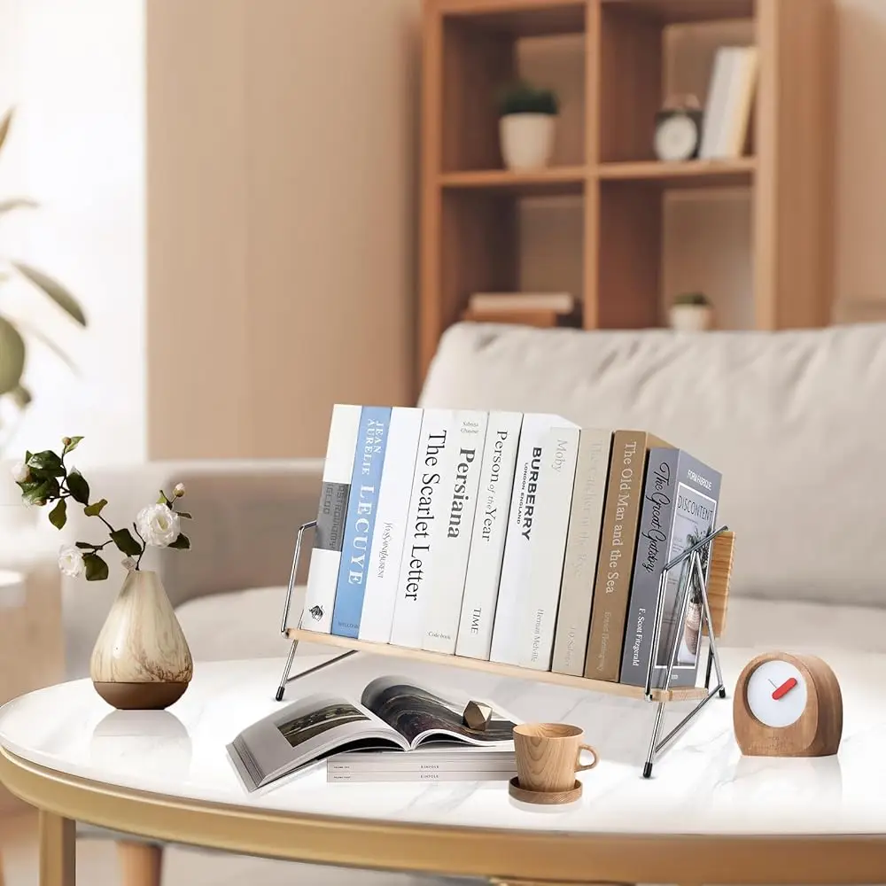 Wood Desktop Bookshelf, Tabletop Book Organizer Ra In Living Room/Home/Office, Tilting Bookcase For Books/Cds/Magazine Display