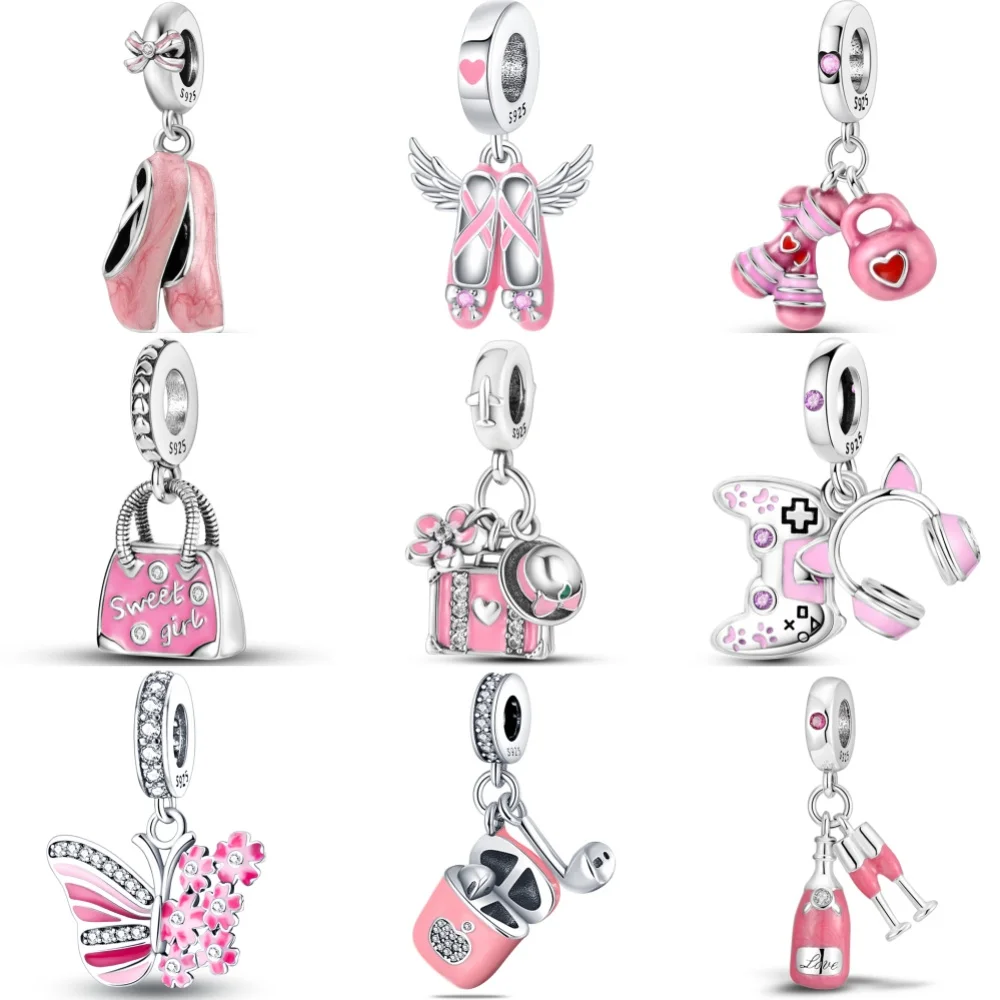 925 Sterling Silver Dance Shoes Butterfly Pink Series Charms Beads Pendant Fit Original Wear Bracelets S925 DIY Jewelry Gifts