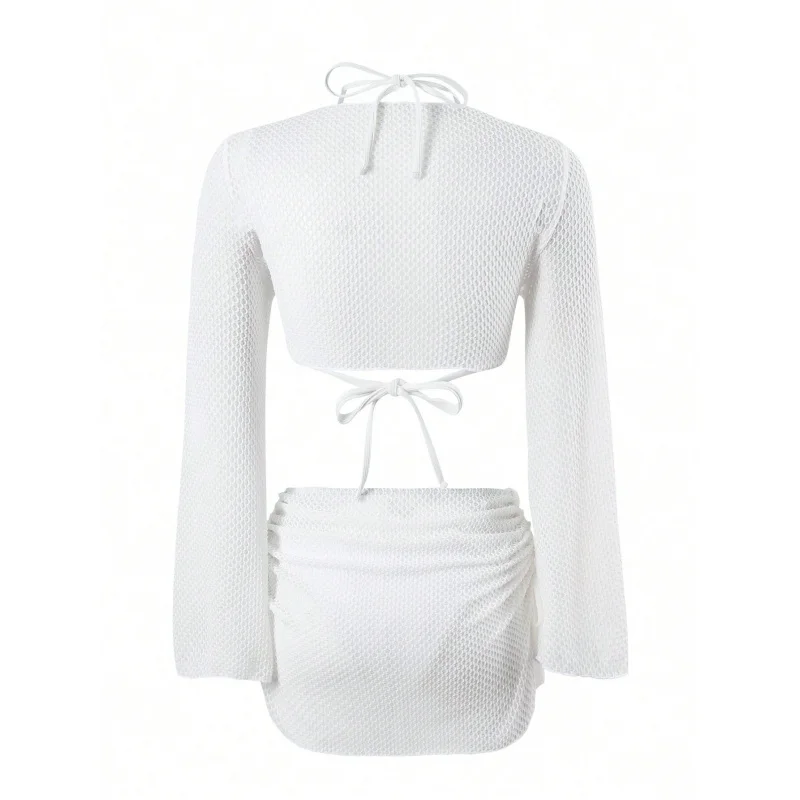 2025New Style Four-Piece Set White Simple Halter Tie Sexy Bikini Swimsuit Pure Desire Women