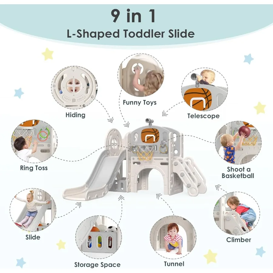 9 in 1 Toddler Slide Kid Slide for Toddlers Age 13 with Ring Toss Basketball Hoop and Telescope Indoor Outdoor Playset Playgrou