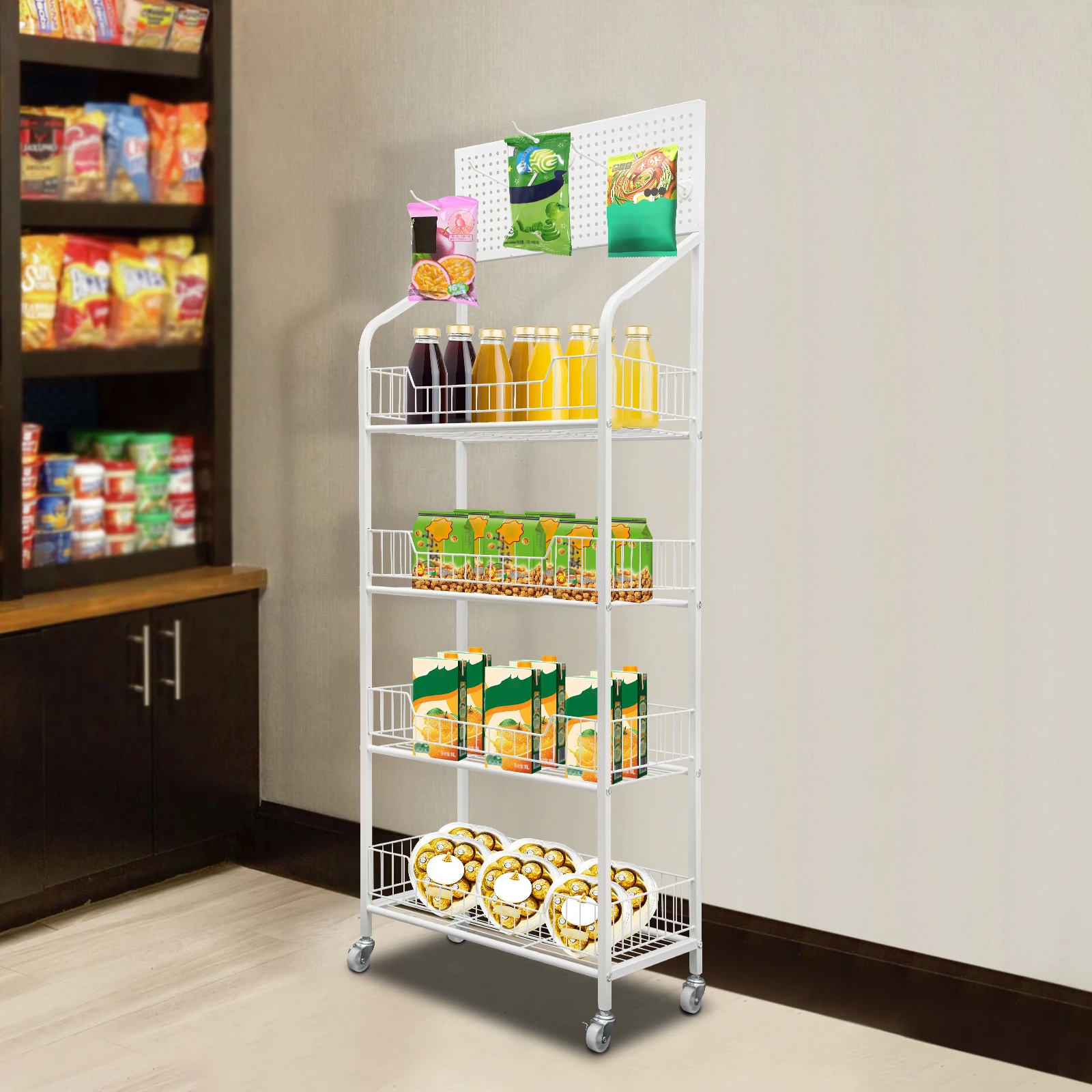 4-Tier Metal Wire Storage Shelf Display Rack with Wheels, Retail Display Storage, Snack Candy Organizer, Snack Basket Stand Cart