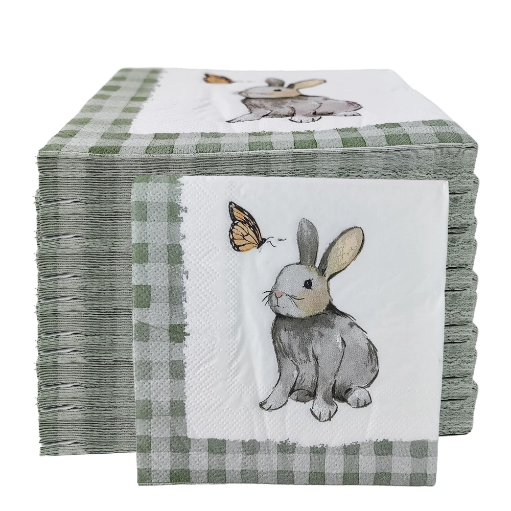 20/40/60/80pcs Easter Happy Tissue Green Checkered Cute Bunny Butterfly Printed Napkins Disposable Napkins Easter Party Supplies