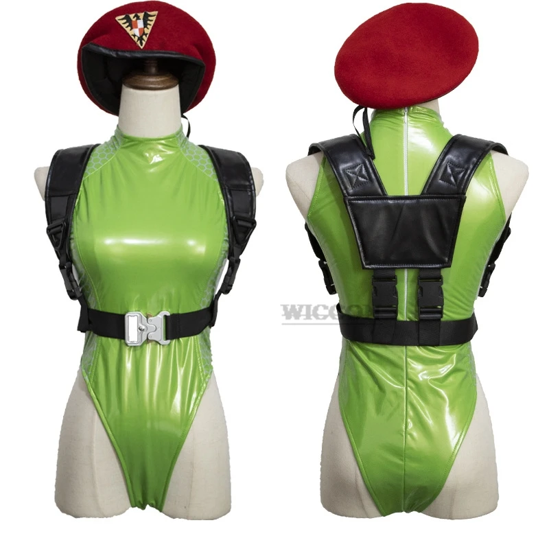 Sexy Cammy Cosplay Costume Street Fighter V 6 5 Sexy Green Bodysuit Leather Latex White Halloween Wig jumpsuit hat suit roleplay