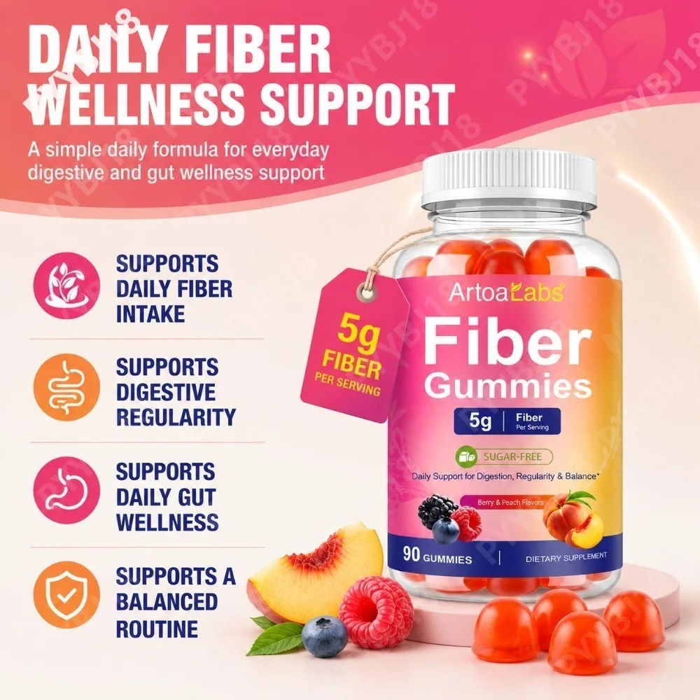 Sugar-Free Fiber Gummies 5g Pectin-Based Plant Fiber for Digestive Regularity & Gut Wellness Natural Berry & Peach Flavors 90 Ct