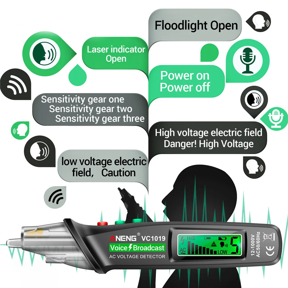 12V-1000V VC1019 Intelligent Voice Broadcast Tester Pen Infrared Sensor Positioning Voltage Tester Electric Wire Detector Pen